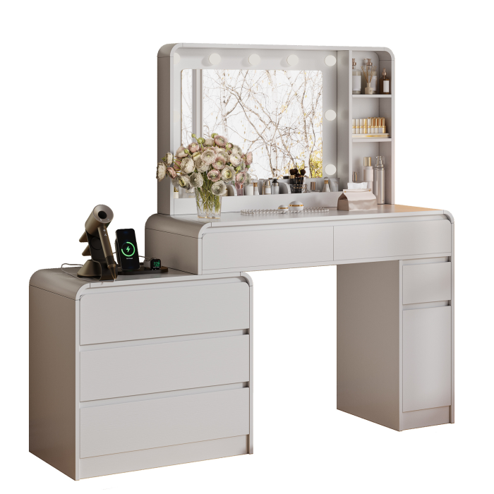 UGTOO 59 Inch White Vanity Table 8 Drawers with Charging Station