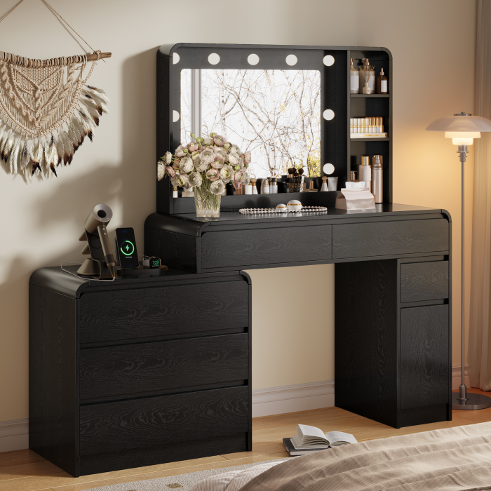 UGTOO 59 Inch White Vanity Table 8 Drawers with Charging Station