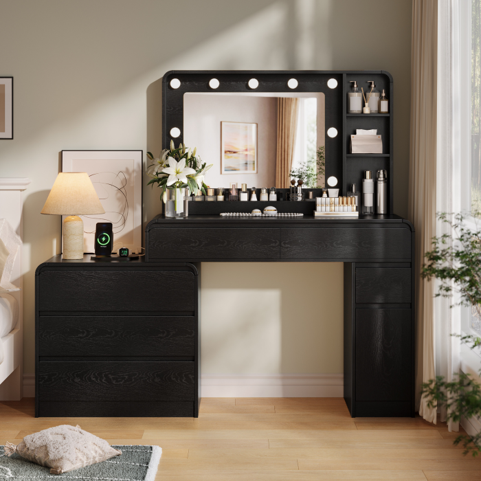 UGTOO 59 Inch White Vanity Table 8 Drawers with Charging Station