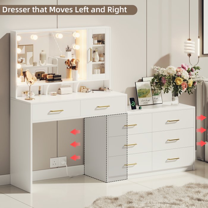 UGTOO 59 Inch White Vanity Table 8 Drawers with Charging Station