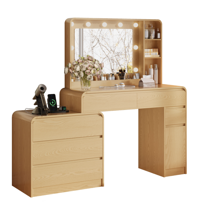 UGTOO 59 Inch White Vanity Table 8 Drawers with Charging Station