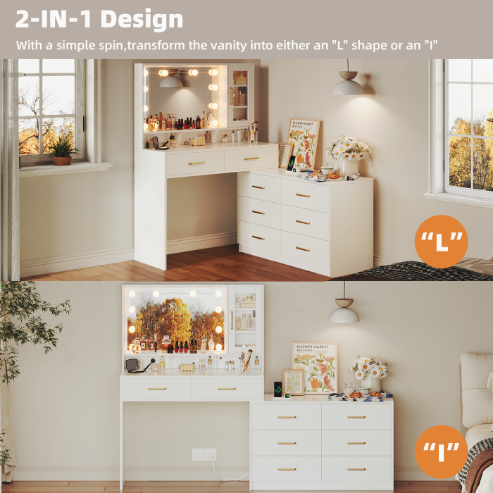 UGTOO 59 Inch White Vanity Table 8 Drawers with Charging Station