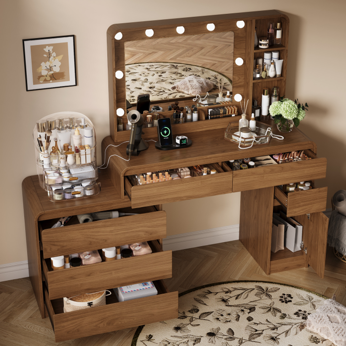 UGTOO 59 Inch White Vanity Table 8 Drawers with Charging Station