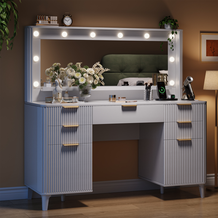 UGTOO Modern White Makeup Vanity Desk with Lighted Mirror & Charging Station (7 Style Options)