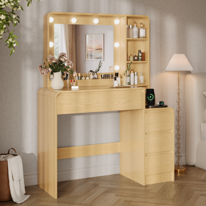 UGTOO Modern Makeup Vanity Desk with 3-Color Lighted Mirror, Charging Station & 5 Drawers