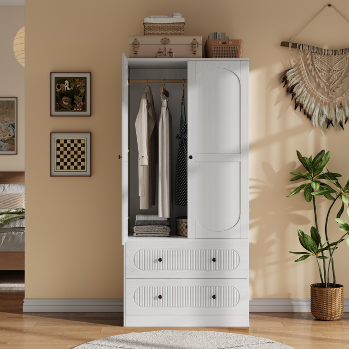 UGTOO Modern 2-Door Armoire Wardrobe Closet with 2 Drawers, Hanging Rod & Anti-Tipping Safety Kit