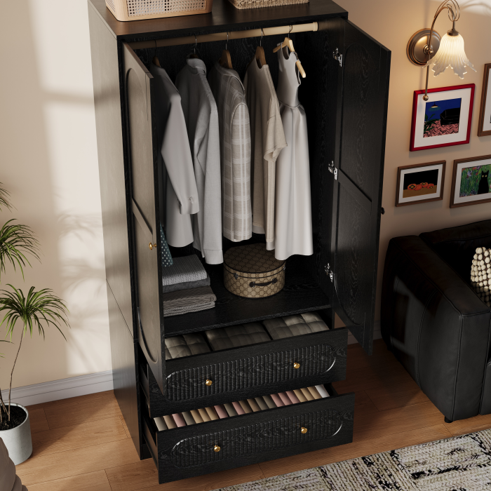 UGTOO Modern 2-Door Armoire Wardrobe Closet with 2 Drawers, Hanging Rod & Anti-Tipping Safety Kit
