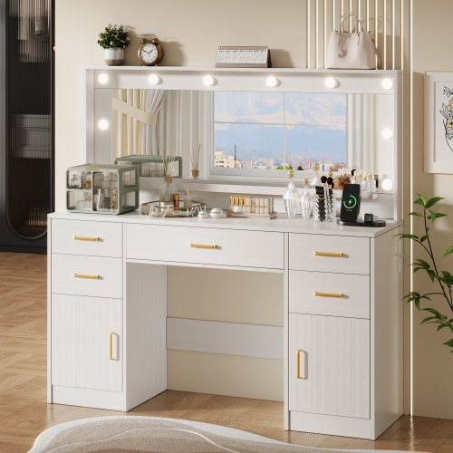 UGTOO Modern White Makeup Vanity Desk with Lighted Mirror & Charging Station (7 Style Options)