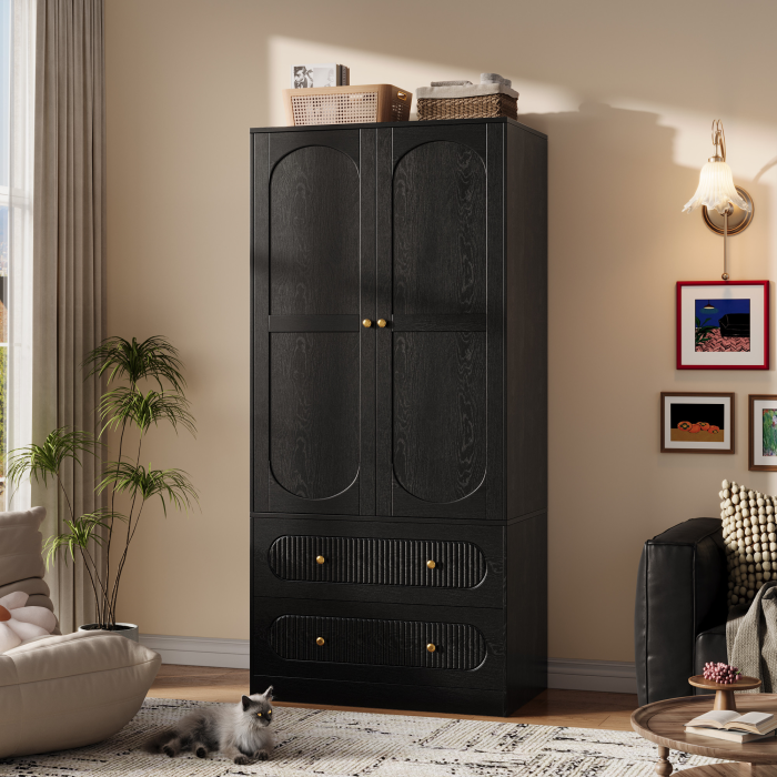 UGTOO Modern 2-Door Armoire Wardrobe Closet with 2 Drawers, Hanging Rod & Anti-Tipping Safety Kit