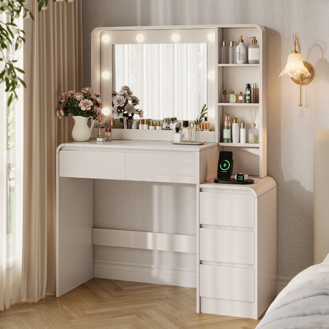 UGTOO Modern Makeup Vanity Desk with 3-Color Lighted Mirror, Charging Station & 5 Drawers