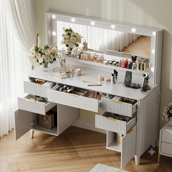 UGTOO Modern White Makeup Vanity Desk with Lighted Mirror & Charging Station (7 Style Options)