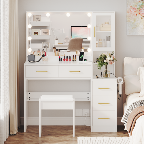 UGTOO Makeup Vanity Desk Set with 3-Color Lighted Mirror, Charging Station & Cushioned Stool