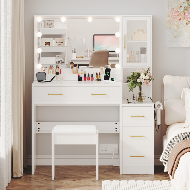 UGTOO Makeup Vanity Desk Set with 3-Color Lighted Mirror, Charging Station & Cushioned Stool