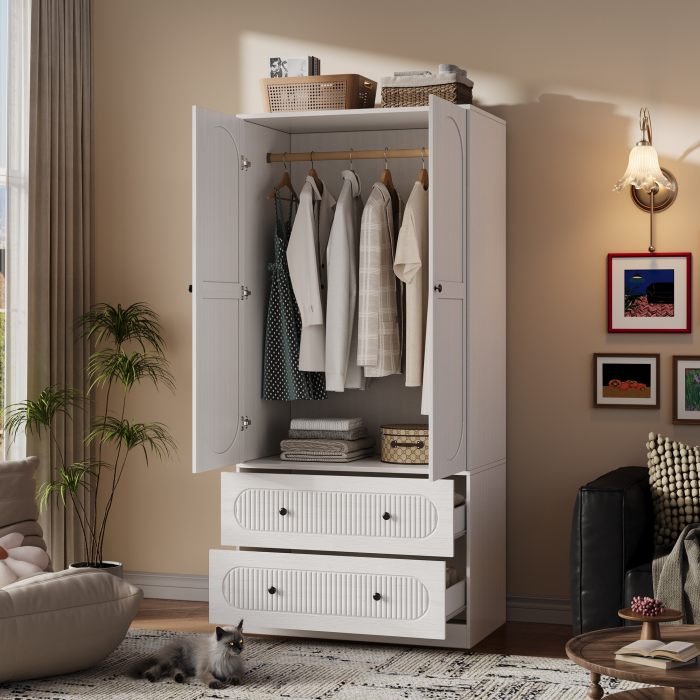 UGTOO Modern 2-Door Armoire Wardrobe Closet with 2 Drawers, Hanging Rod & Anti-Tipping Safety Kit