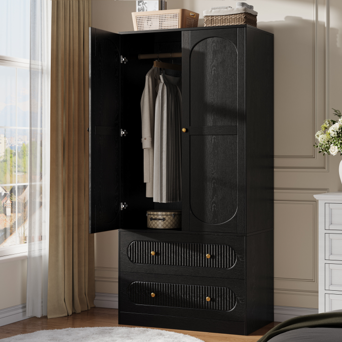 UGTOO Modern 2-Door Armoire Wardrobe Closet with 2 Drawers, Hanging Rod & Anti-Tipping Safety Kit