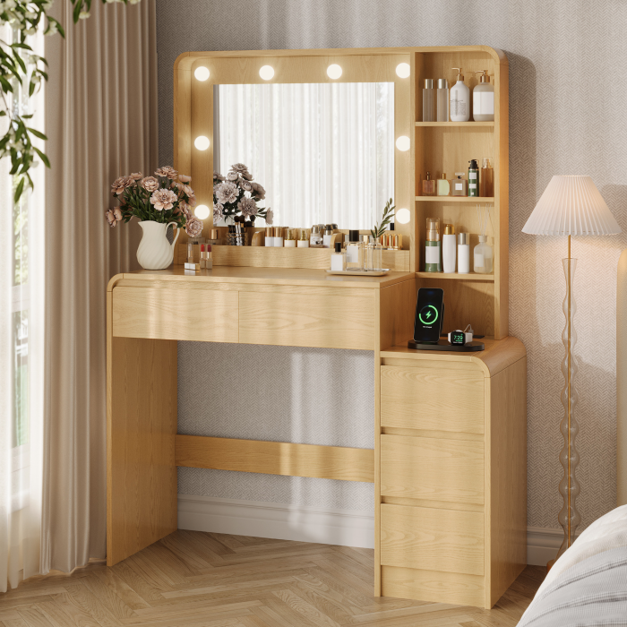 UGTOO Modern Makeup Vanity Desk with 3-Color Lighted Mirror, Charging Station & 5 Drawers