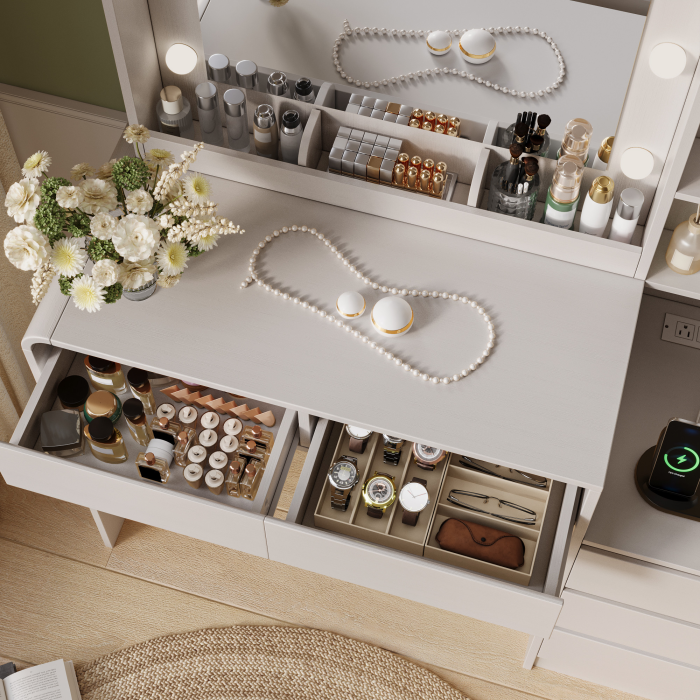 UGTOO Modern Makeup Vanity Desk with 3-Color Lighted Mirror, Charging Station & 5 Drawers