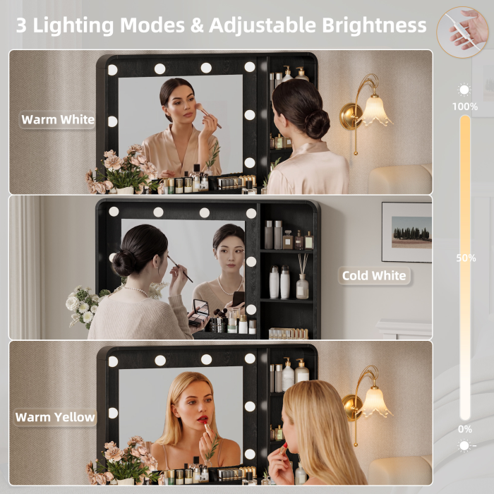 UGTOO Modern Makeup Vanity Desk with 3-Color Lighted Mirror, Charging Station & 5 Drawers