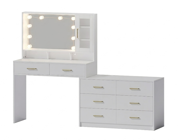 UGTOO Modern White Makeup Vanity Desk with Lighted Mirror & Charging Station (7 Style Options)