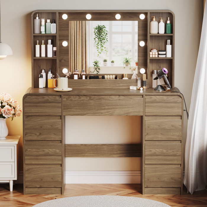 UGTOO 44.8Inch LED Vanity Desk with 5 Drawers 2 Dust Cabinets & Charging Station
