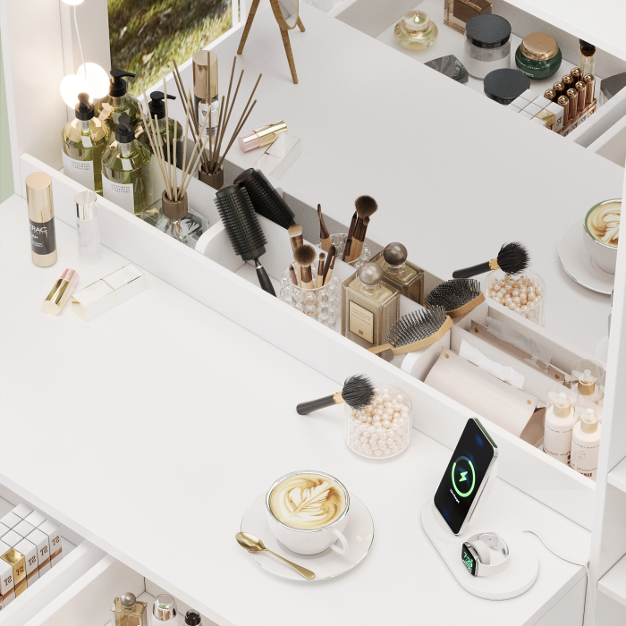 UGTOO Modern Makeup Vanity Desk Set with Cushion Stool, 3-Color LED Lighted Mirror, Power Station & Glass Cabinet