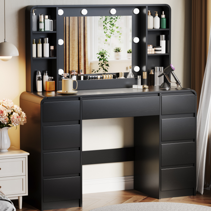 UGTOO 44.8Inch LED Vanity Desk with 5 Drawers 2 Dust Cabinets & Charging Station