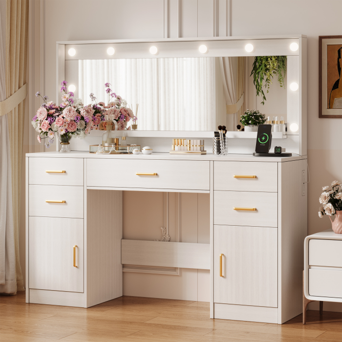UGTOO Modern White Makeup Vanity Desk with Lighted Mirror & Charging Station (7 Style Options)