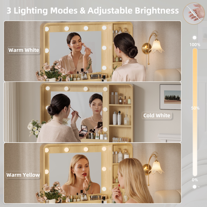 UGTOO Modern Makeup Vanity Desk with 3-Color Lighted Mirror, Charging Station & 5 Drawers