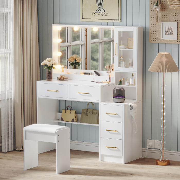 UGTOO Makeup Vanity Desk Set with 3-Color Lighted Mirror, Charging Station & Cushioned Stool