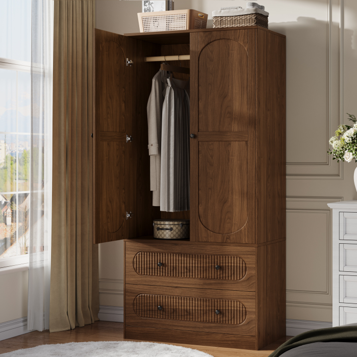 UGTOO Modern 2-Door Armoire Wardrobe Closet with 2 Drawers, Hanging Rod & Anti-Tipping Safety Kit