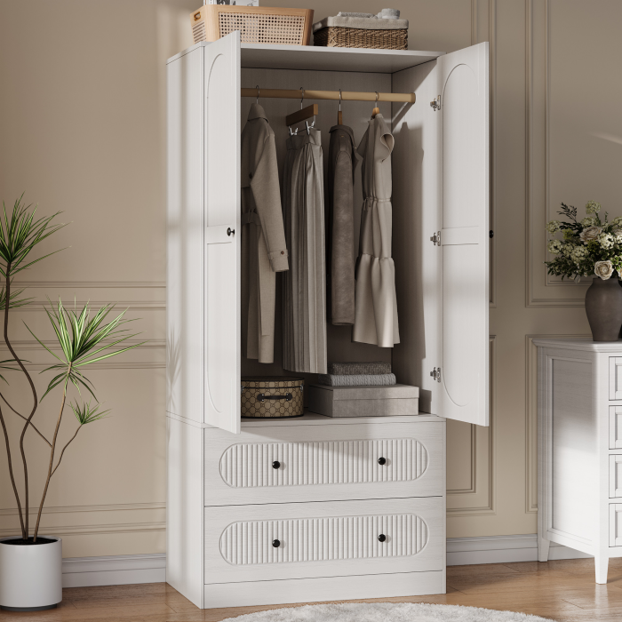 UGTOO Modern 2-Door Armoire Wardrobe Closet with 2 Drawers, Hanging Rod & Anti-Tipping Safety Kit
