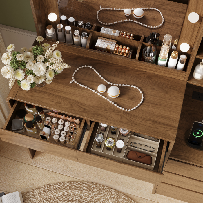 UGTOO Modern Makeup Vanity Desk with 3-Color Lighted Mirror, Charging Station & 5 Drawers