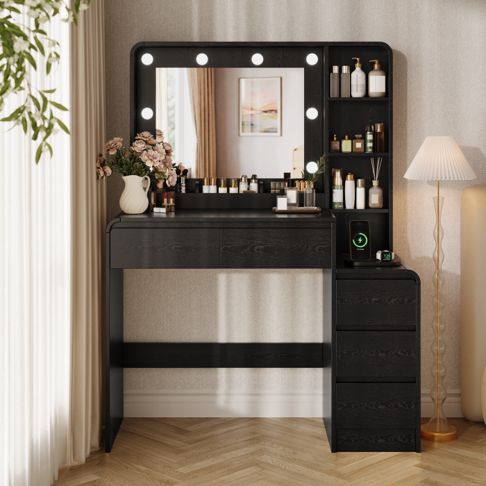 UGTOO Modern Makeup Vanity Desk with 3-Color Lighted Mirror, Charging Station & 5 Drawers