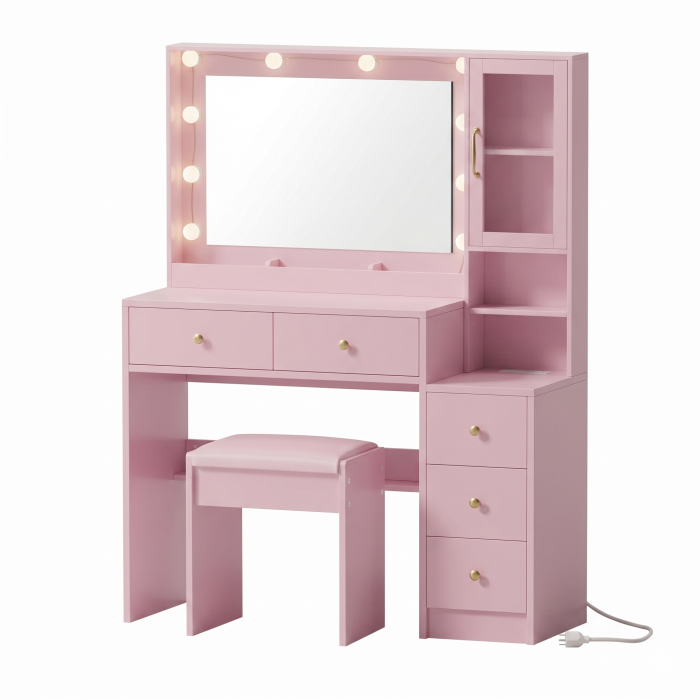 UGTOO Modern Makeup Vanity Desk Set with Cushion Stool, 3-Color LED Lighted Mirror, Power Station & Glass Cabinet
