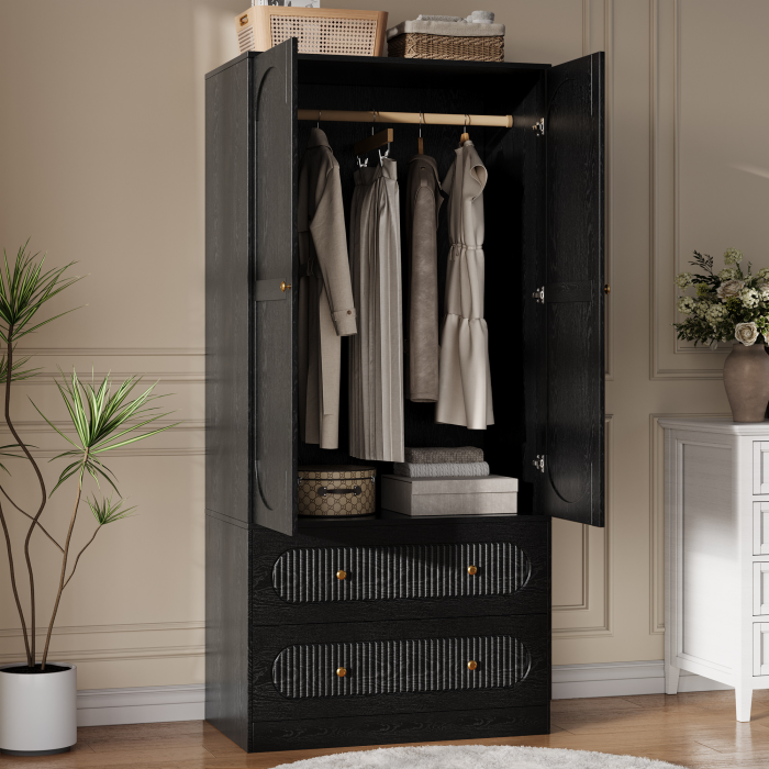 UGTOO Modern 2-Door Armoire Wardrobe Closet with 2 Drawers, Hanging Rod & Anti-Tipping Safety Kit