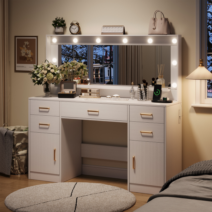 UGTOO Modern White Makeup Vanity Desk with Lighted Mirror & Charging Station (7 Style Options)