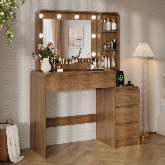 UGTOO Modern Makeup Vanity Desk with 3-Color Lighted Mirror, Charging Station & 5 Drawers