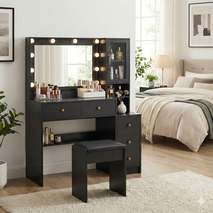 UGTOO Modern Makeup Vanity Desk Set with Cushion Stool, 3-Color LED Lighted Mirror, Power Station & Glass Cabinet