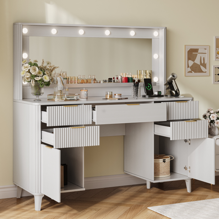 UGTOO Modern White Makeup Vanity Desk with Lighted Mirror & Charging Station (7 Style Options)