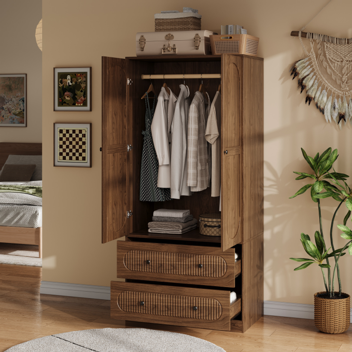 UGTOO Modern 2-Door Armoire Wardrobe Closet with 2 Drawers, Hanging Rod & Anti-Tipping Safety Kit