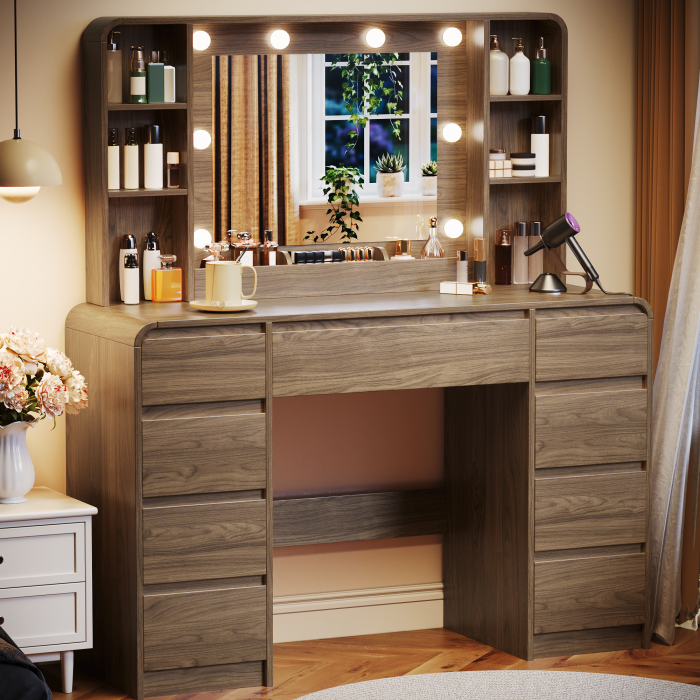 UGTOO 44.8Inch LED Vanity Desk with 5 Drawers 2 Dust Cabinets & Charging Station