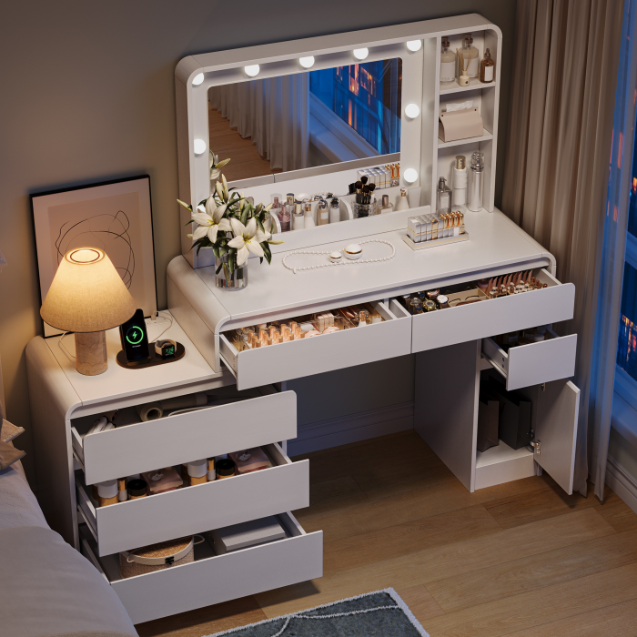 UGTOO Modern White Makeup Vanity Desk with Lighted Mirror & Charging Station (7 Style Options)