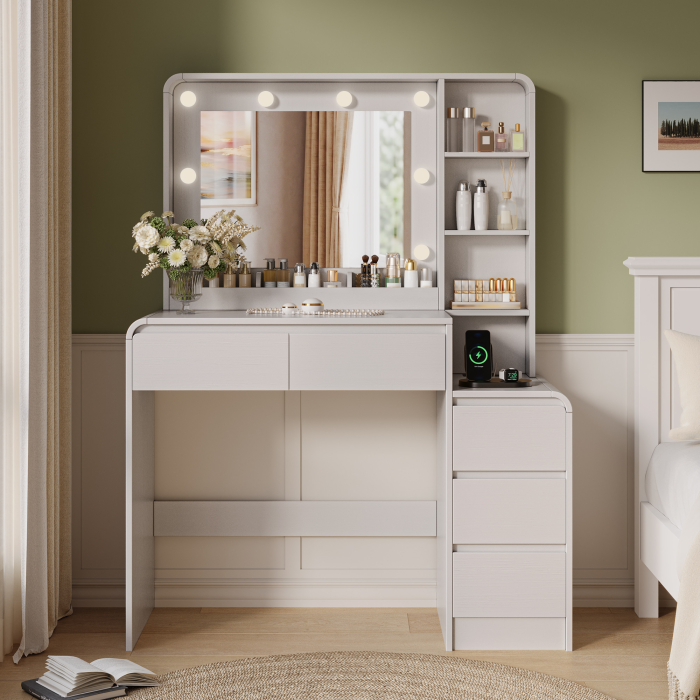 UGTOO Modern Makeup Vanity Desk with 3-Color Lighted Mirror, Charging Station & 5 Drawers