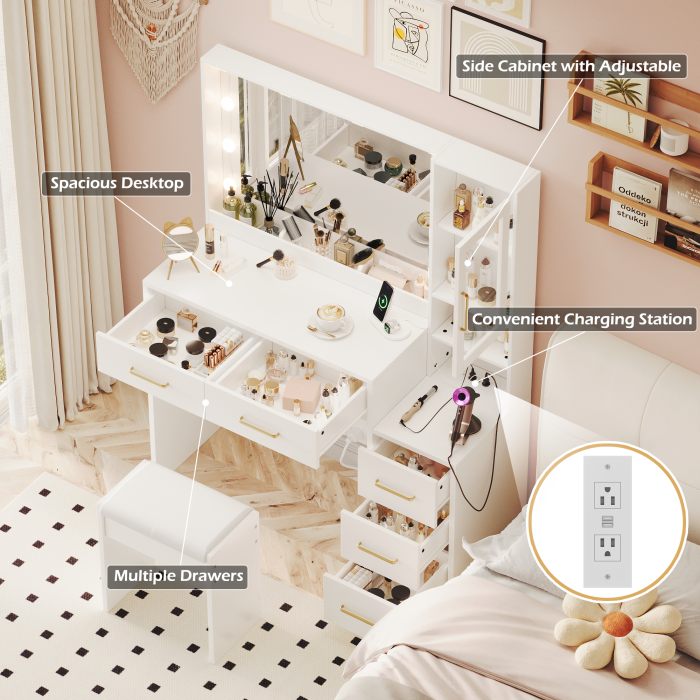 UGTOO Makeup Vanity Desk Set with 3-Color Lighted Mirror, Charging Station & Cushioned Stool