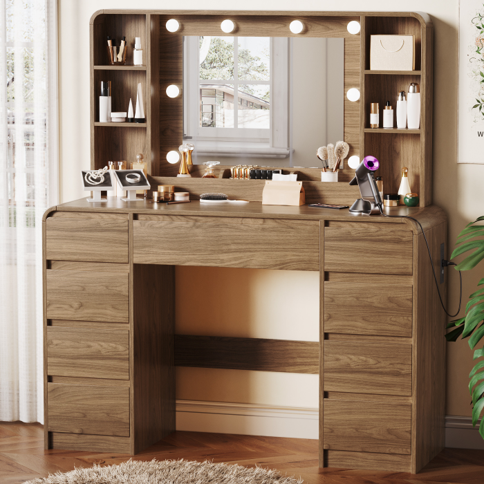 UGTOO 44.8Inch LED Vanity Desk with 5 Drawers 2 Dust Cabinets & Charging Station