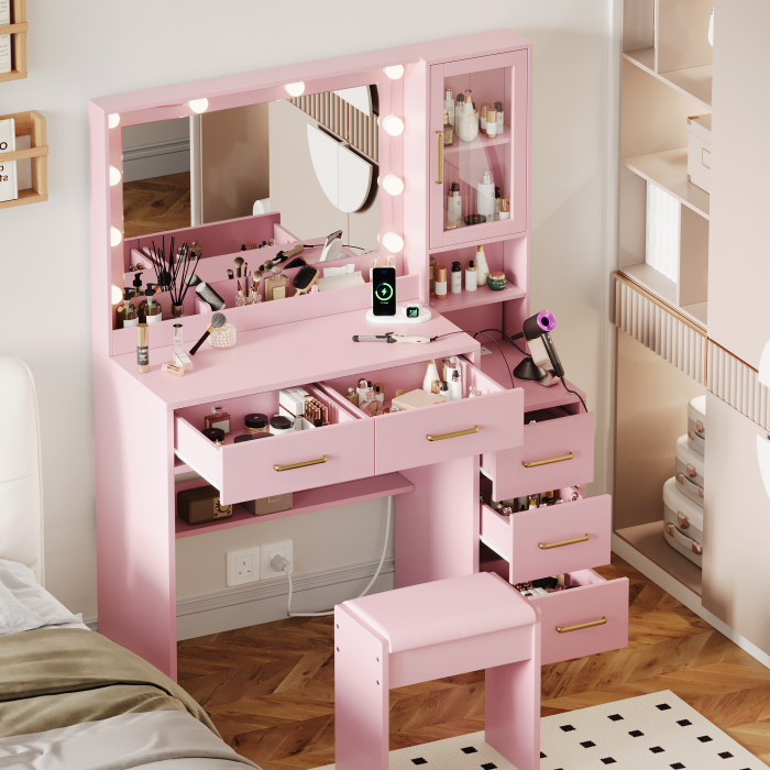 UGTOO Makeup Vanity Desk Set with 3-Color Lighted Mirror, Charging Station & Cushioned Stool