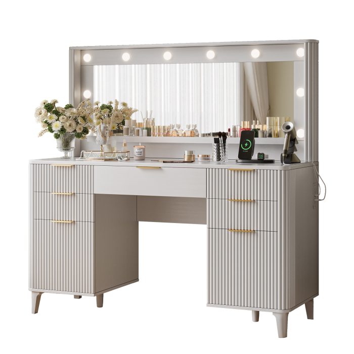 UGTOO Modern White Makeup Vanity Desk with Lighted Mirror & Charging Station (7 Style Options)