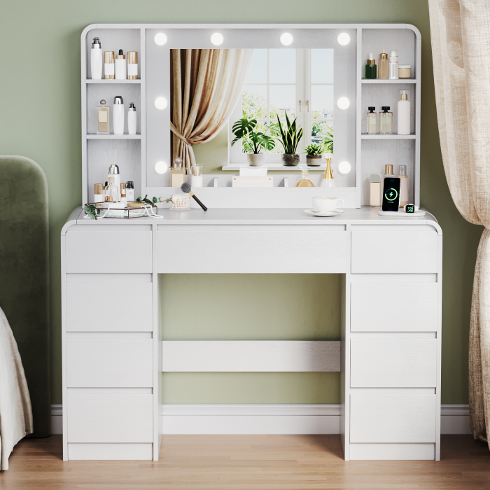 UGTOO 44.8Inch LED Vanity Desk with 5 Drawers 2 Dust Cabinets & Charging Station