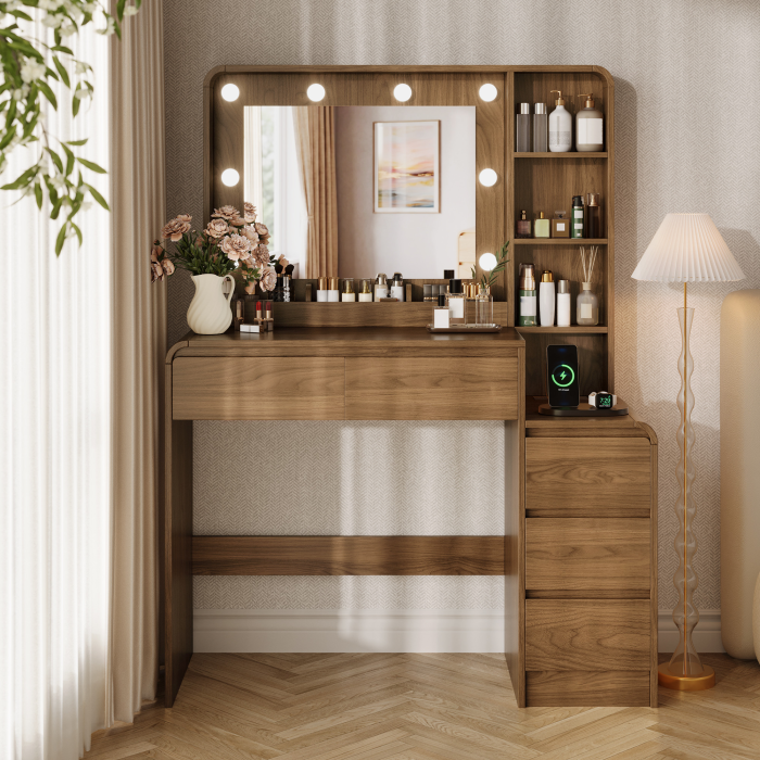 UGTOO Modern Makeup Vanity Desk with 3-Color Lighted Mirror, Charging Station & 5 Drawers