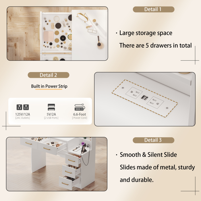 UGTOO Makeup Vanity Desk Set with 3-Color Lighted Mirror, Charging Station & Cushioned Stool